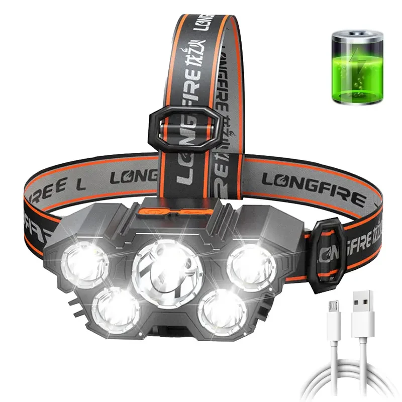 Linterna frontal recargable de 5 LED, súper brillante y potente, para exteriores, camping, correr, etc.