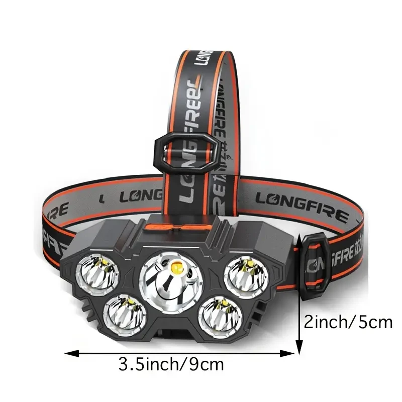 Linterna frontal recargable de 5 LED, súper brillante y potente, para exteriores, camping, correr, etc.