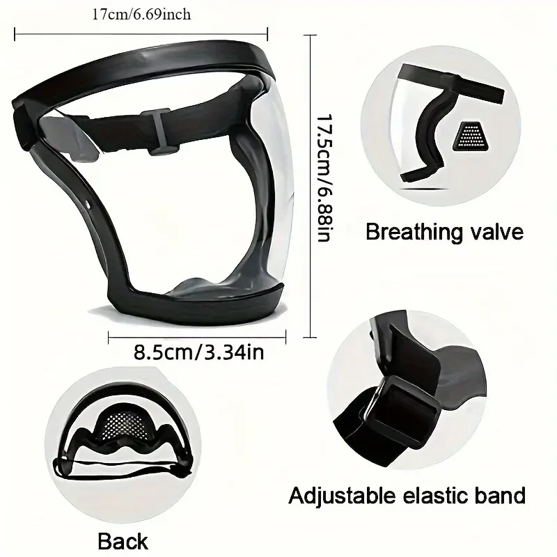 Protector facial completo ajustable premium: pantalla protectora transparente transpirable con ventilación y válvula de respiración.