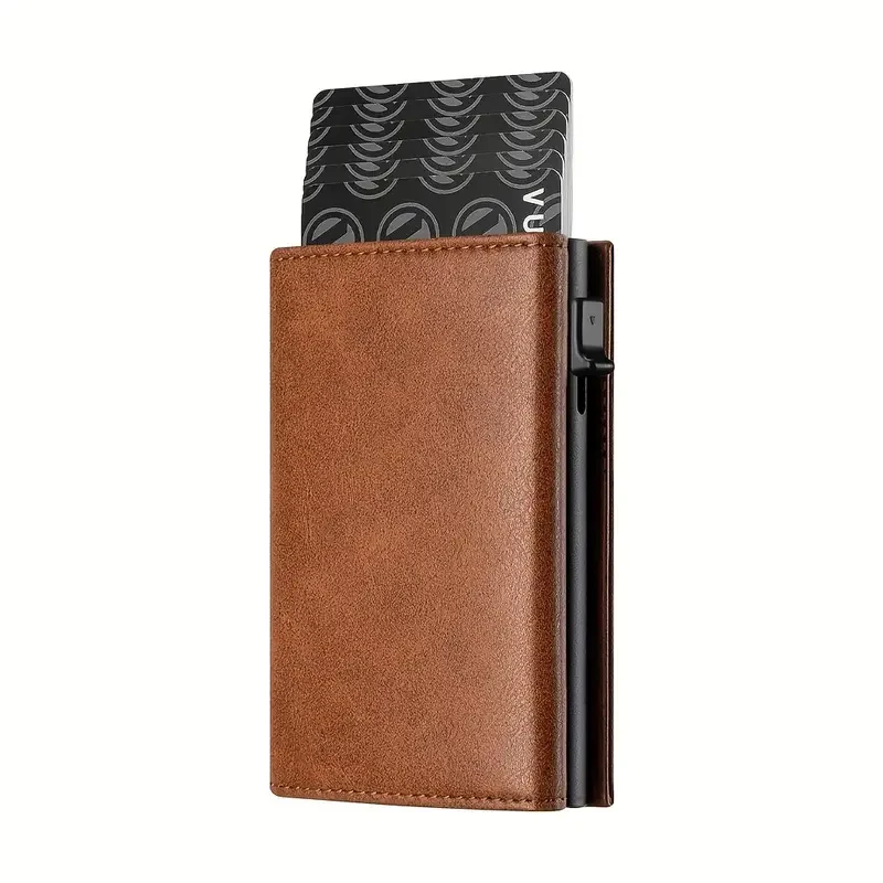 Cartera RFID premium para hombre: tarjetero minimalista con ranura metálica emergente automática para tarjetas de crédito.