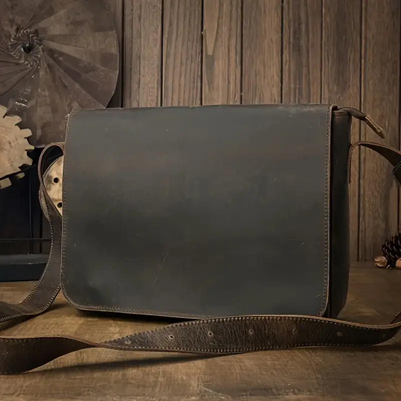 Bolso bandolera informal de piel auténtica para hombre, bandolera de piel de vacuno de primera capa.