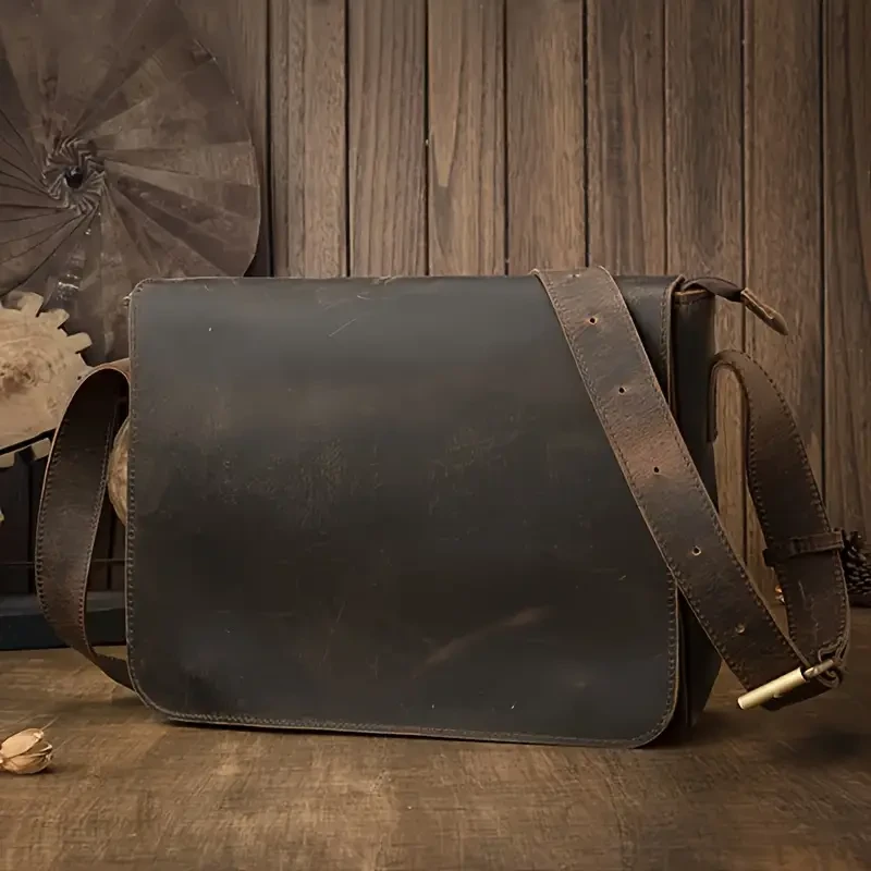 Bolso bandolera informal de piel auténtica para hombre, bandolera de piel de vacuno de primera capa.