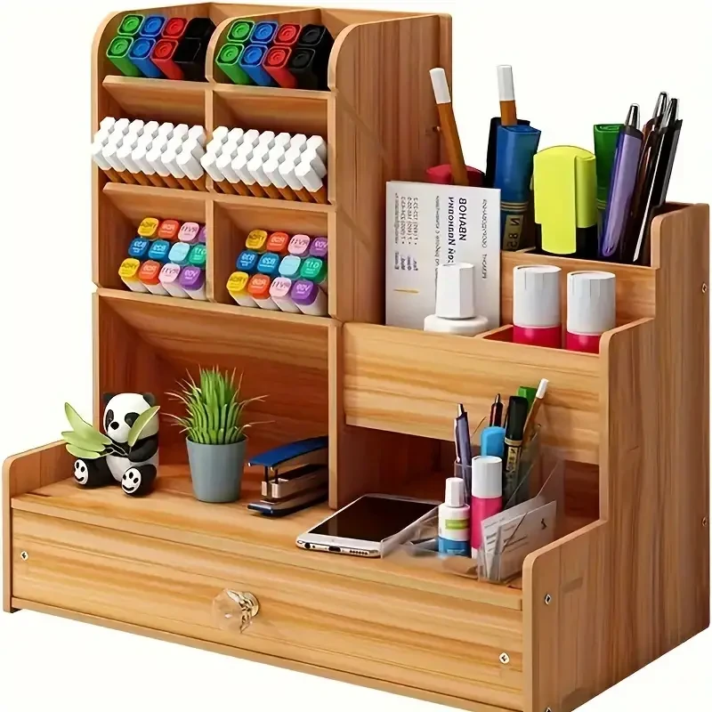 Organizador de escritorio multifuncional de madera con archivador y portalápices, estructura de tablero de fibra sostenible, material sintético negro, no lavable, ideal para uso diario en la oficina.