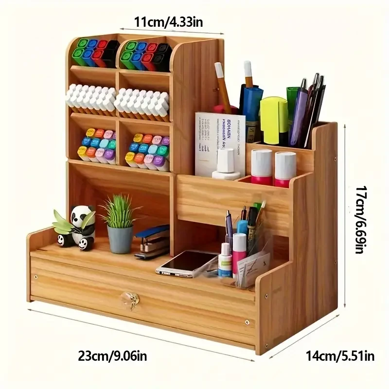 Organizador de escritorio multifuncional de madera con archivador y portalápices, estructura de tablero de fibra sostenible, material sintético negro, no lavable, ideal para uso diario en la oficina.