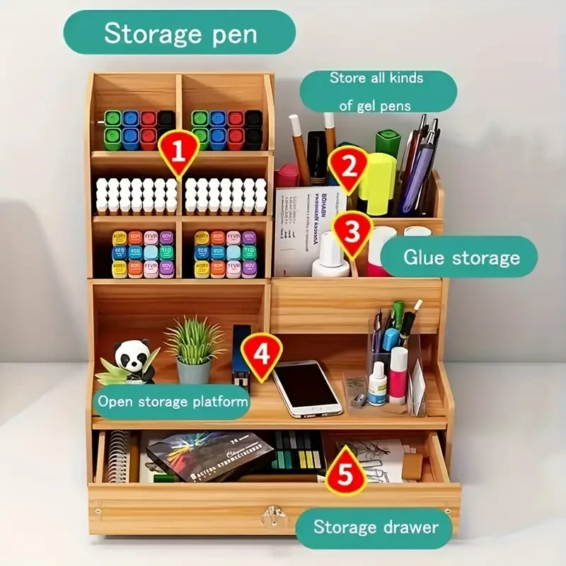 Organizador de escritorio multifuncional de madera con archivador y portalápices, estructura de tablero de fibra sostenible, material sintético negro, no lavable, ideal para uso diario en la oficina.