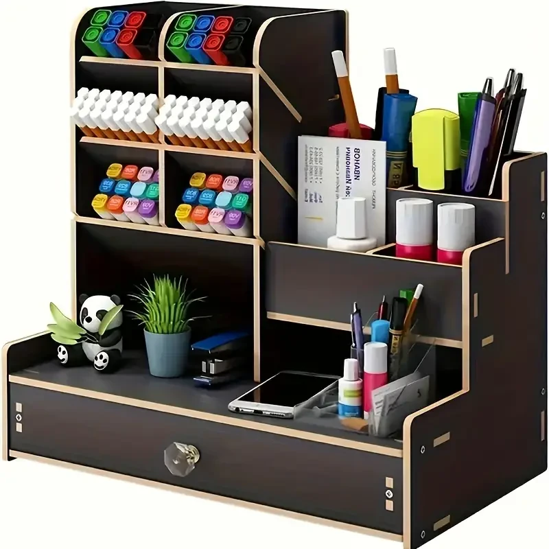 Organizador de escritorio multifuncional de madera con archivador y portalápices, estructura de tablero de fibra sostenible, material sintético negro, no lavable, ideal para uso diario en la oficina.