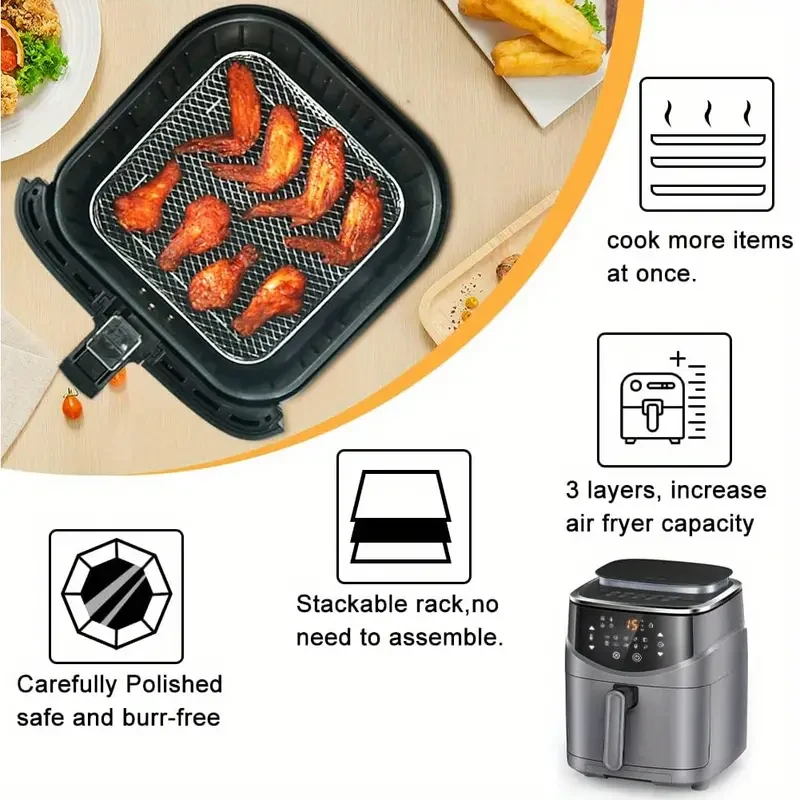 Juego de accesorios apilables de acero inoxidable para freidora de aire de 3 niveles: apto para lavavajillas, perfecto para hornear y cocinar de forma saludable durante las fiestas.