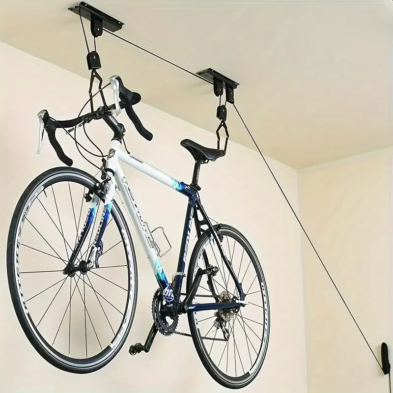 Sistema de almacenamiento superior para bicicletas y tablas de snowboard, elevadores de bicicletas, soporte de almacenamiento de techo para garaje interior, prácticos colgadores para bicicletas o escaleras.