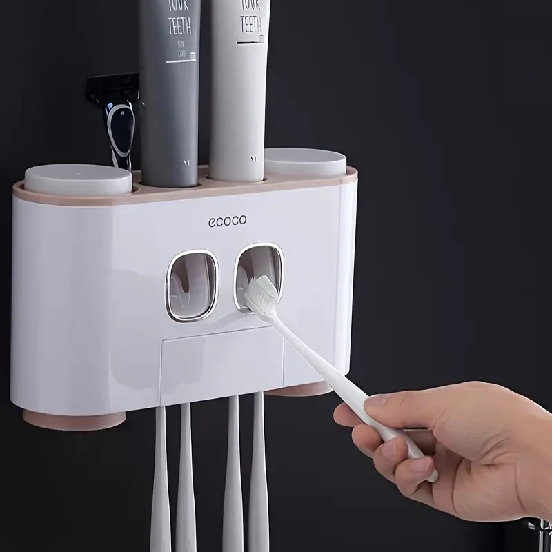 Dispensador automático de pasta de dientes con soporte para cepillos de dientes, 4 tazas y 5 soportes