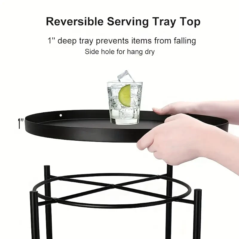 Mesa auxiliar redonda minimalista de metal con bandeja, estructura de acero al carbono, tablero extraíble, fácil de limpiar.