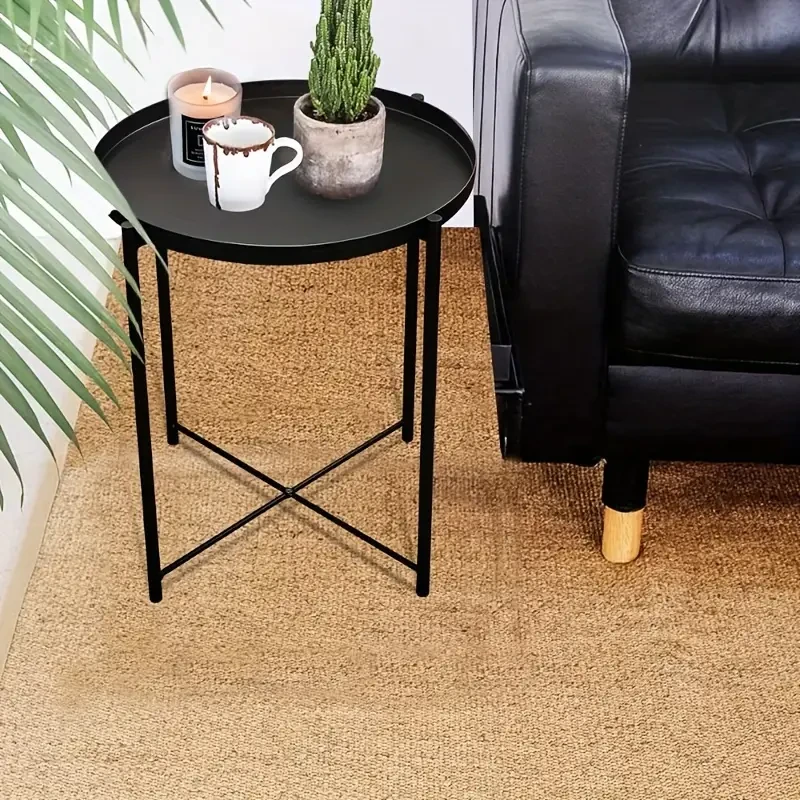 Mesa auxiliar redonda minimalista de metal con bandeja, estructura de acero al carbono, tablero extraíble, fácil de limpiar.