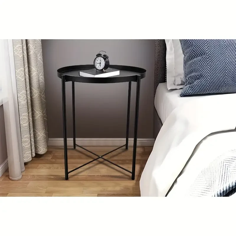 Mesa auxiliar redonda minimalista de metal con bandeja, estructura de acero al carbono, tablero extraíble, fácil de limpiar.