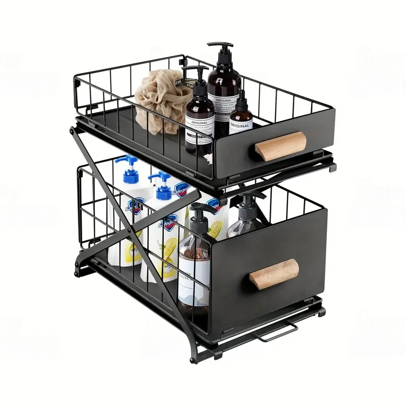 Organizador de cocina y baño de 2 niveles, armario de encimera, cesta para especias, estante para debajo del fregadero, cajón deslizante, plegable, altura ajustable en 3 niveles, color negro