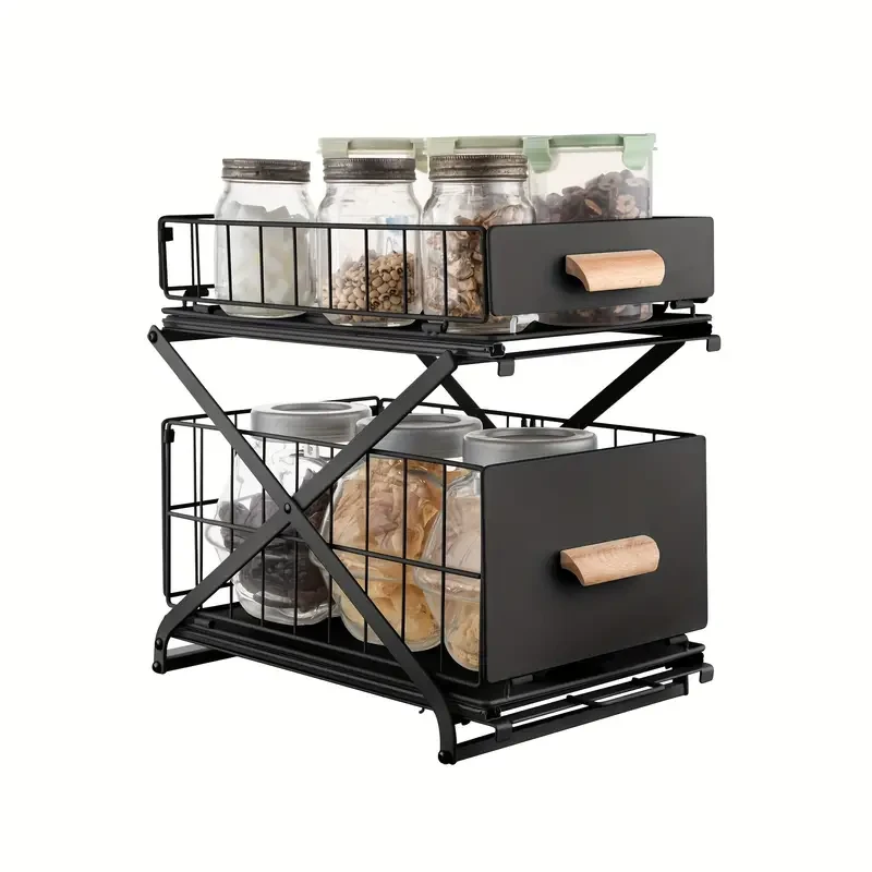 Organizador de cocina y baño de 2 niveles, armario de encimera, cesta para especias, estante para debajo del fregadero, cajón deslizante, plegable, altura ajustable en 3 niveles, color negro
