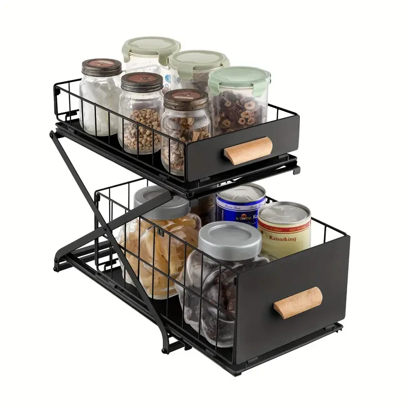 Organizador de cocina y baño de 2 niveles, armario de encimera, cesta para especias, estante para debajo del fregadero, cajón deslizante, plegable, altura ajustable en 3 niveles, color negro
