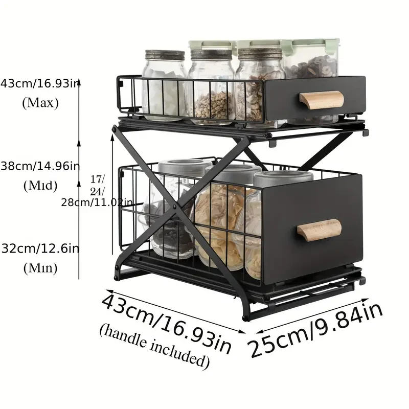 Organizador de cocina y baño de 2 niveles, armario de encimera, cesta para especias, estante para debajo del fregadero, cajón deslizante, plegable, altura ajustable en 3 niveles, color negro