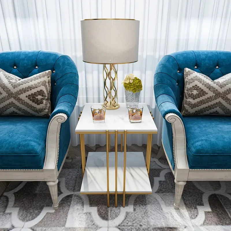 Mesa auxiliar cuadrada moderna de dos niveles con marco de metal dorado blanco y tablero de piedra sinterizada, ideal para sala de estar, oficina, mesa de centro para exhibición.