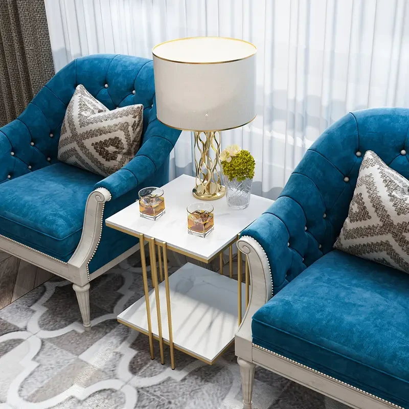 Mesa auxiliar cuadrada moderna de dos niveles con marco de metal dorado blanco y tablero de piedra sinterizada, ideal para sala de estar, oficina, mesa de centro para exhibición.