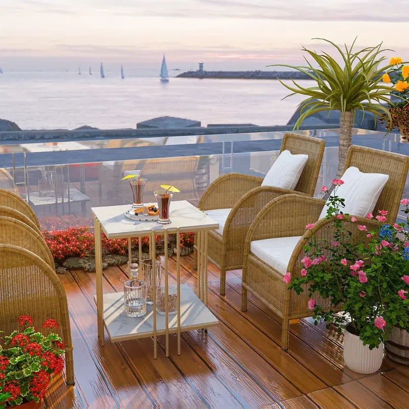 Mesa auxiliar cuadrada moderna de dos niveles con marco de metal dorado blanco y tablero de piedra sinterizada, ideal para sala de estar, oficina, mesa de centro para exhibición.