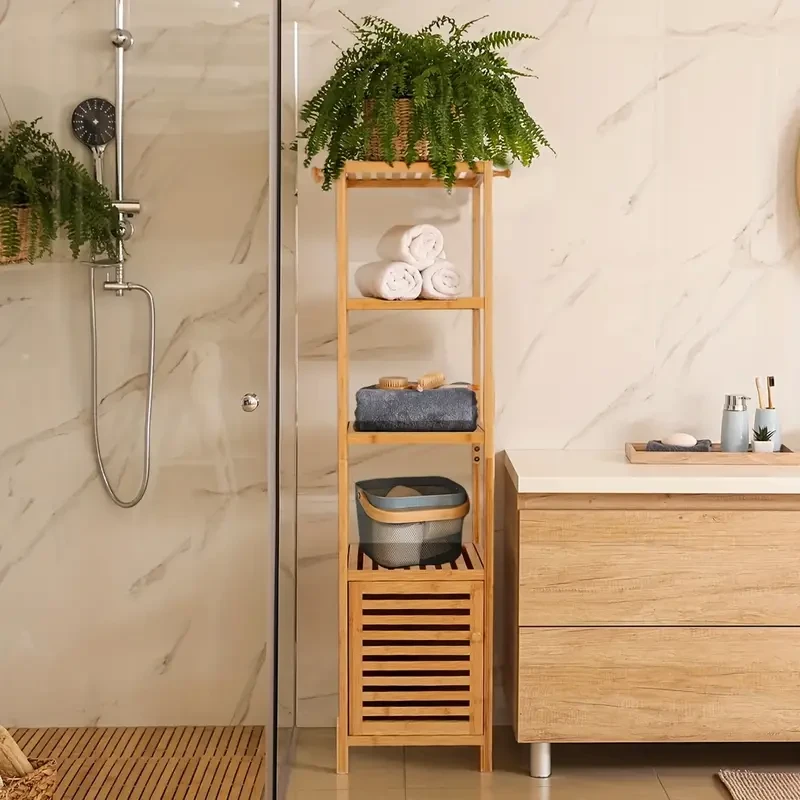 Armario de almacenamiento alto y delgado multifuncional de 4 niveles para baño con estantes, toallero de bambú para sala de estar y organizador.
