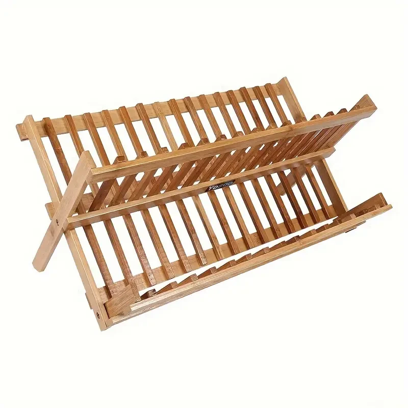 Escurridor de platos plegable de madera de dos niveles para fregadero, escurridor de cubiertos, soporte para cocina