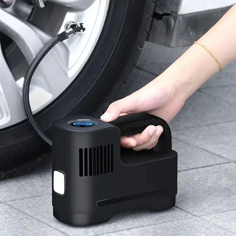 Bomba compresora de aire portátil de alta potencia (1 unidad) - Inflador de neumáticos digital rápido con cable y luces LED - Versátil para coches y motos
