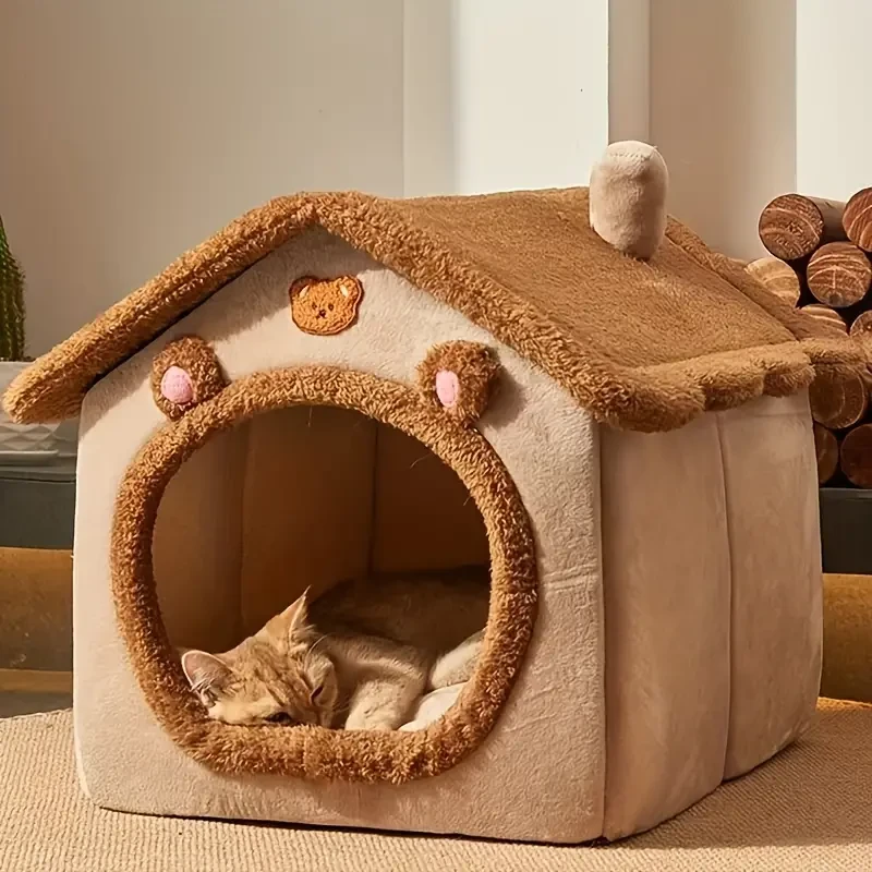 1 acogedora cabaña para gatos: suave, cálida, extraíble, lavable y cómoda cama de poliéster para gatos y perros pequeños: nido de invierno perfecto para tu peludo amigo.