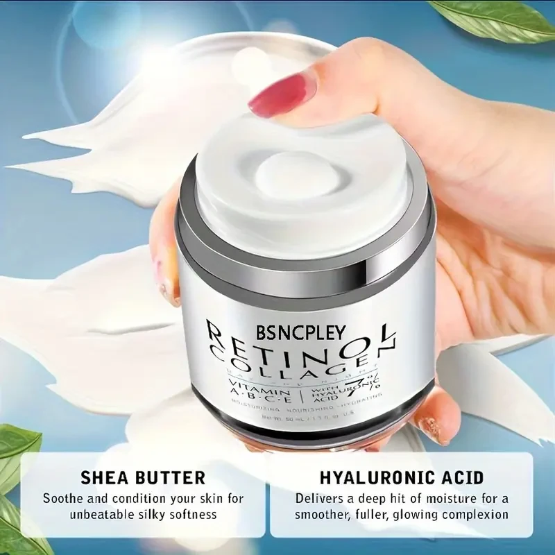 Crema de colágeno y retinol (50 ml/1,7 oz): crema facial reafirmante, hidratante y nutritiva intensiva para piel sensible, de día y de noche, enriquecida con vitaminas C y E y ácido hialurónico para una tez radiante, suave y luminosa.
