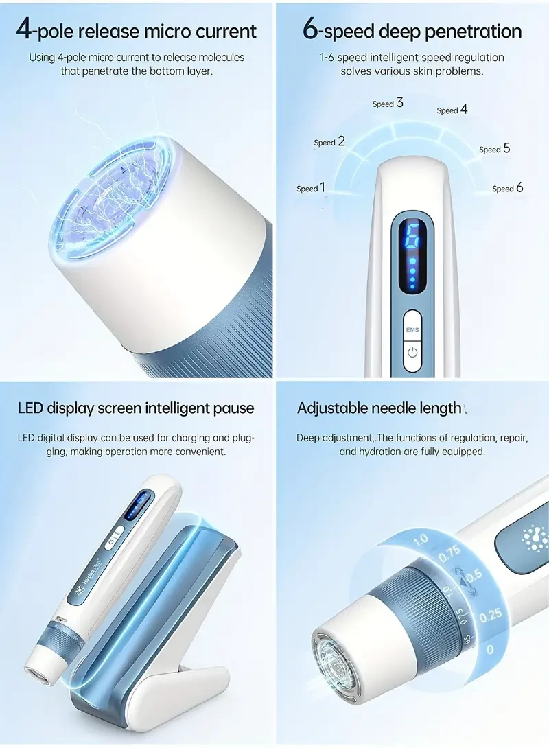Dispositivo de belleza inalámbrico Hydra.Pen H5 para el cuidado de la piel con infusión EMS, hipoalergénico, batería de litio recargable de 700 mAh, carga USB, incluye 2 cartuchos nano de 0,25 mm para reducción de arrugas y antienvejecimiento.