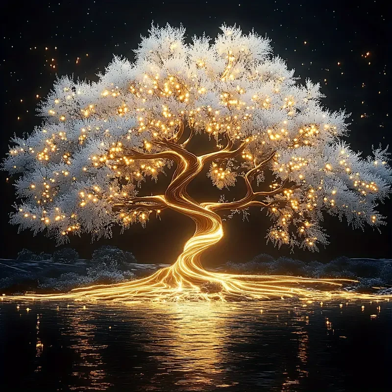 Árbol de la vida iluminado, arte de mosaico redondo de diamantes de imitación