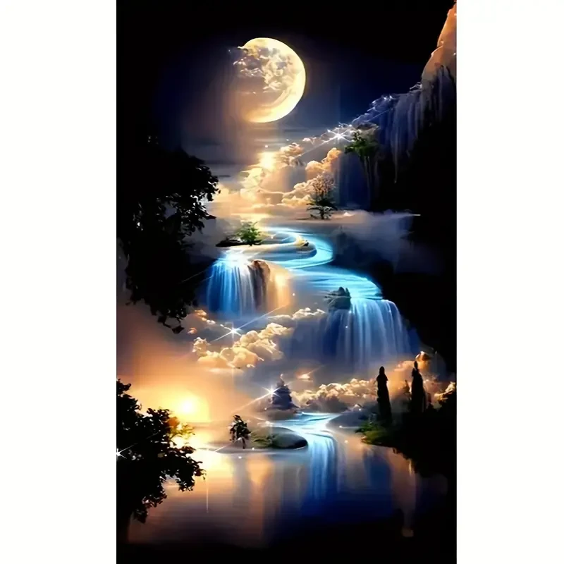 Pintura artística de diamante sintético 5D: Montaña y arroyo, luna y noche.