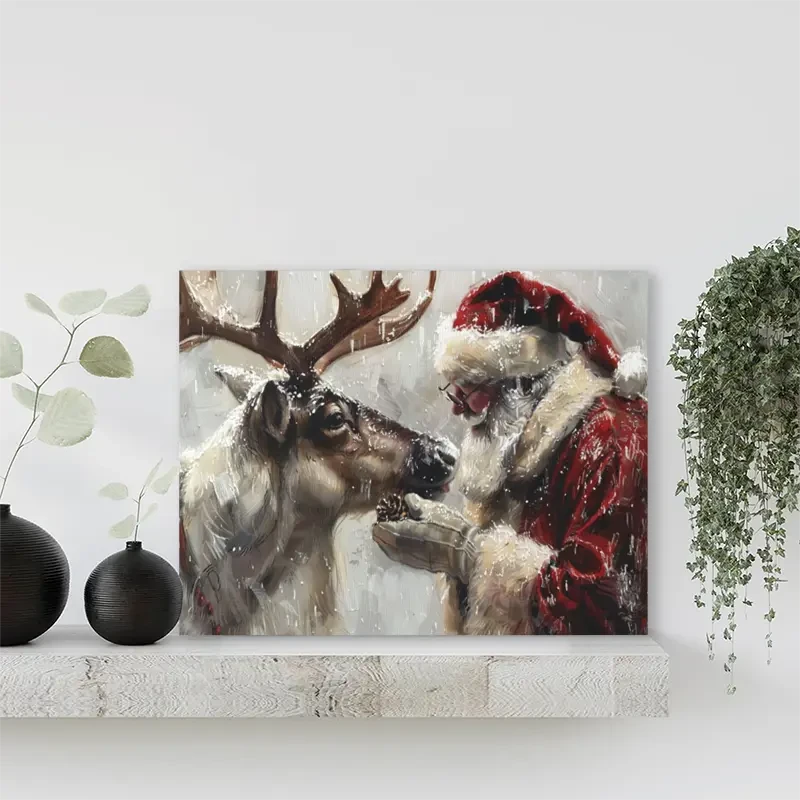 Encantador lienzo de Papá Noel y renos