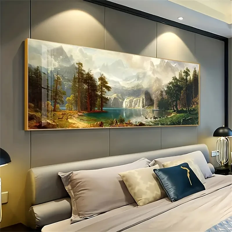 Impresionante póster artístico en lienzo de gran tamaño: montañas nevadas, lagos y animales del bosque.