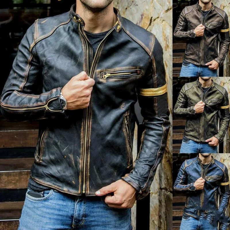 Chaqueta de cuero de moto para hombre