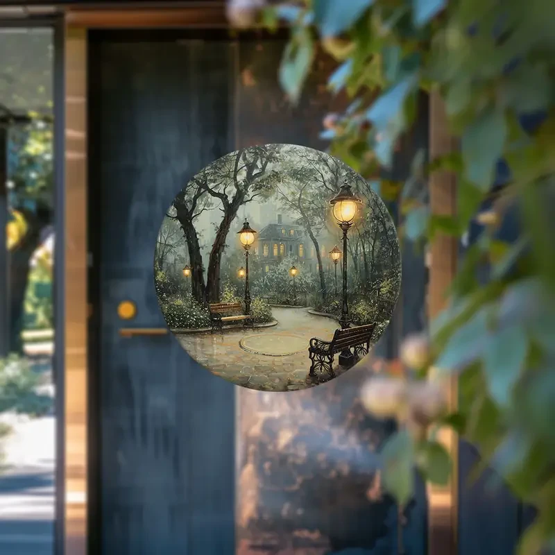 Vívida y nostálgica escena de parque victoriano con farolas y bancos