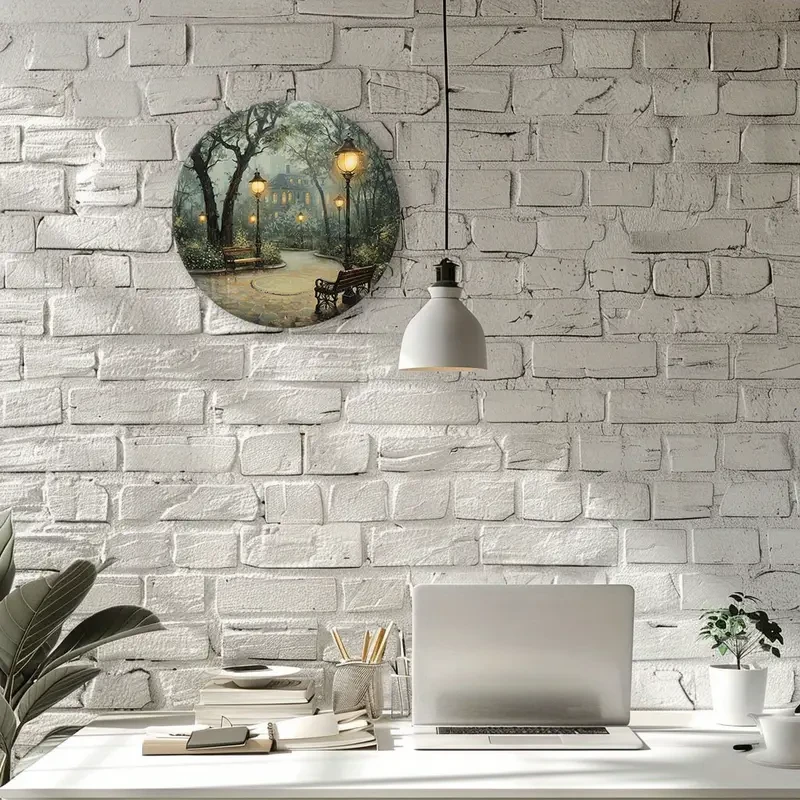 Vívida y nostálgica escena de parque victoriano con farolas y bancos