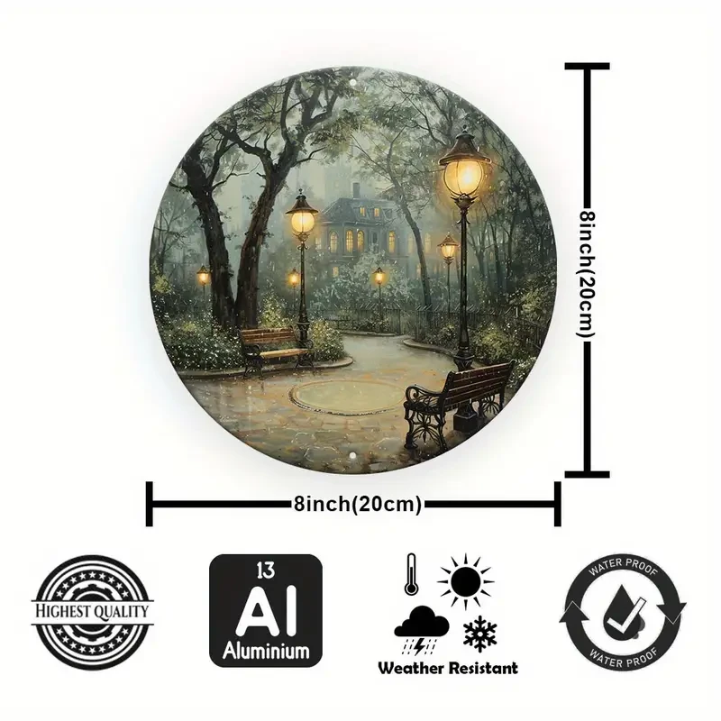 Vívida y nostálgica escena de parque victoriano con farolas y bancos