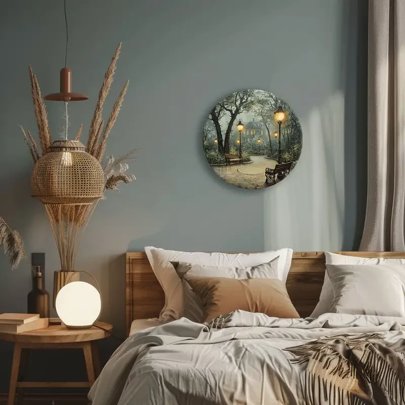 Vívida y nostálgica escena de parque victoriano con farolas y bancos