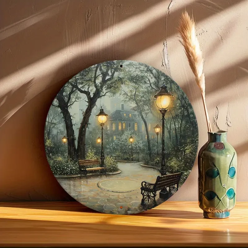 Vívida y nostálgica escena de parque victoriano con farolas y bancos