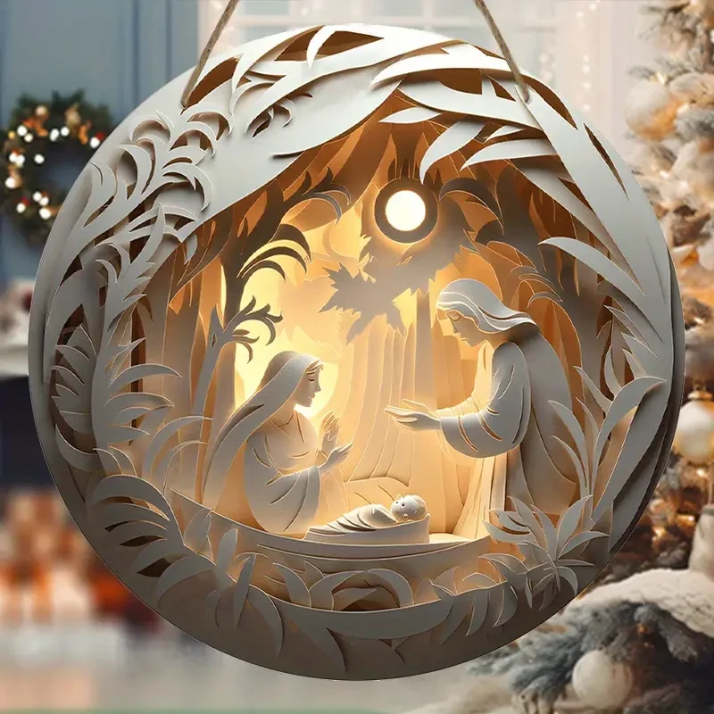 Decoración colgante de pared redonda con la familia natal de Jesús en relieve 2D