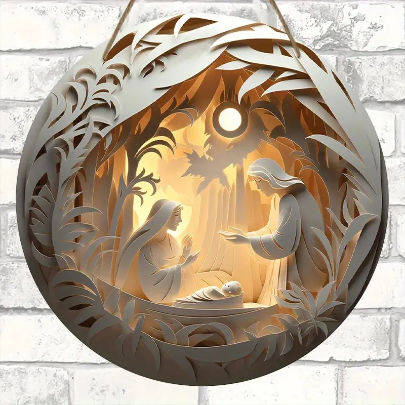 Decoración colgante de pared redonda con la familia natal de Jesús en relieve 2D