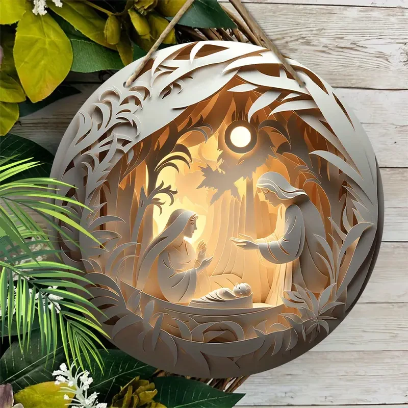 Decoración colgante de pared redonda con la familia natal de Jesús en relieve 2D