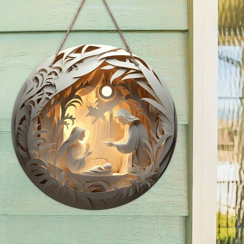 Decoración colgante de pared redonda con la familia natal de Jesús en relieve 2D