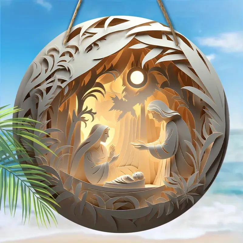 Decoración colgante de pared redonda con la familia natal de Jesús en relieve 2D