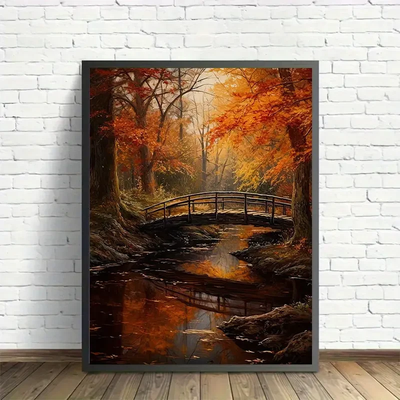 Póster de lienzo sin marco, arte moderno, puente de arroyo en el bosque otoñal.