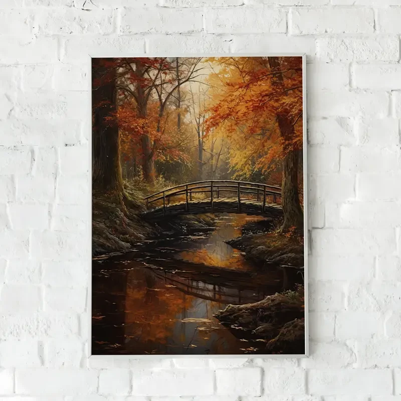 Póster de lienzo sin marco, arte moderno, puente de arroyo en el bosque otoñal.
