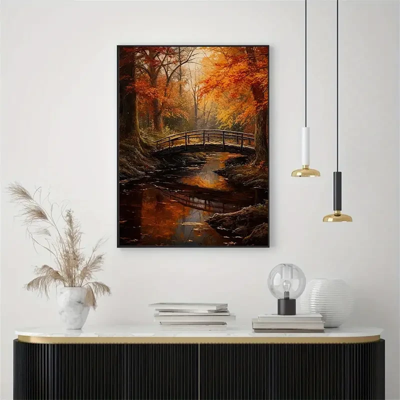 Póster de lienzo sin marco, arte moderno, puente de arroyo en el bosque otoñal.