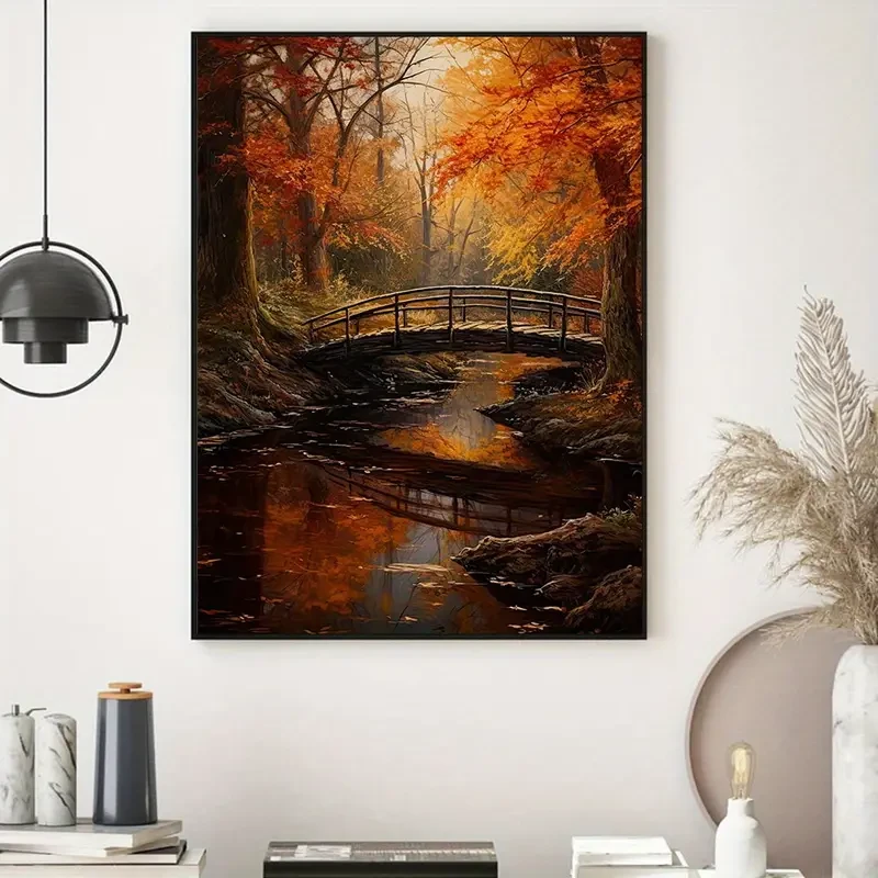 Póster de lienzo sin marco, arte moderno, puente de arroyo en el bosque otoñal.