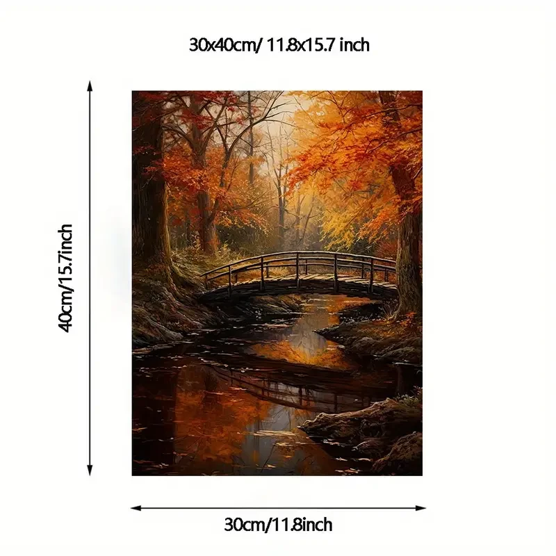 Póster de lienzo sin marco, arte moderno, puente de arroyo en el bosque otoñal.