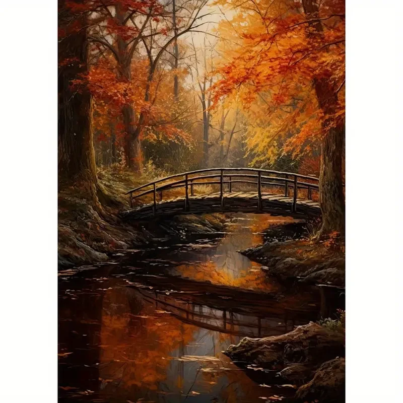 Póster de lienzo sin marco, arte moderno, puente de arroyo en el bosque otoñal.